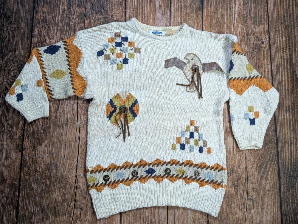 Vintage 80s MARIEA KIM Tribal Indian Leather Decoriated Crewneck Sweater Sz Med